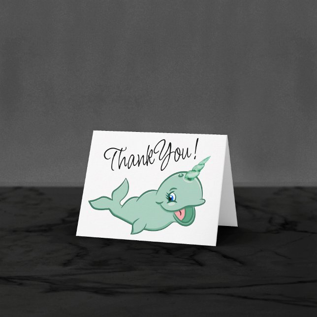 Carte De Remerciements Narwhal Vert | Douce Vie Marine de Dessin Animé Ch (Créateur téléchargé)