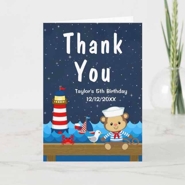 Carte De Remerciements Nautical Boy Monkey Red et Navy Anniversaire (Devant)