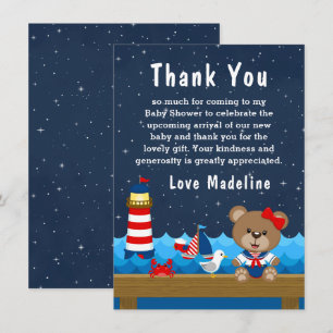 Carte De Remerciements Nautical Girl Bear Baby shower rouge et marine