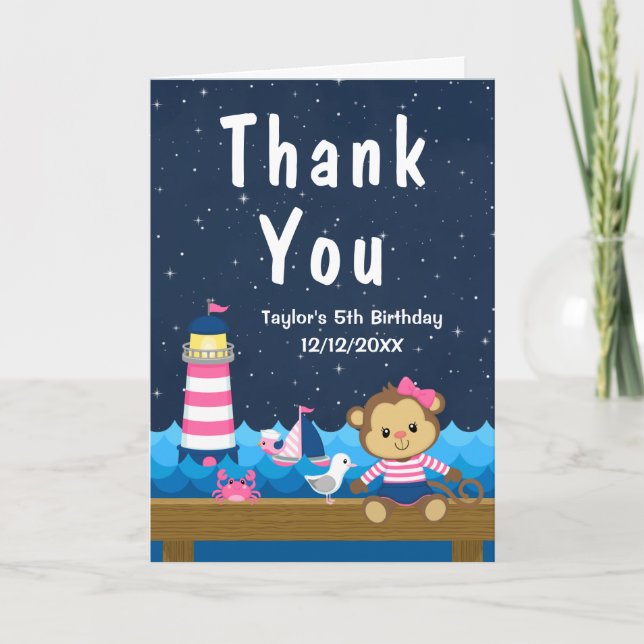 Carte De Remerciements Nautical Girl Monkey rose et la marine fête d'anni (Devant)