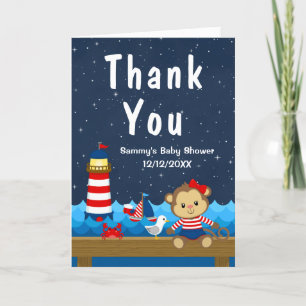 Carte De Remerciements Nautical Girl Monkey Rouge et Baby shower de marin