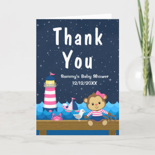 Carte De Remerciements Nautical Girl Singe rose et Baby shower de marine