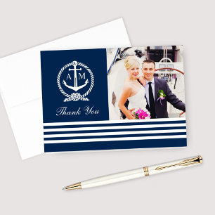 Carte De Remerciements Nautical Navy Blue Mariage Monogramme Photo