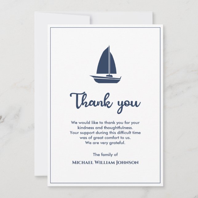 Carte De Remerciements Nautique Bleu Blanc Voilier Bateau à voile Funérai (Devant)