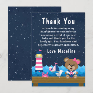 Carte De Remerciements Nautique ours rose et Baby shower de marine