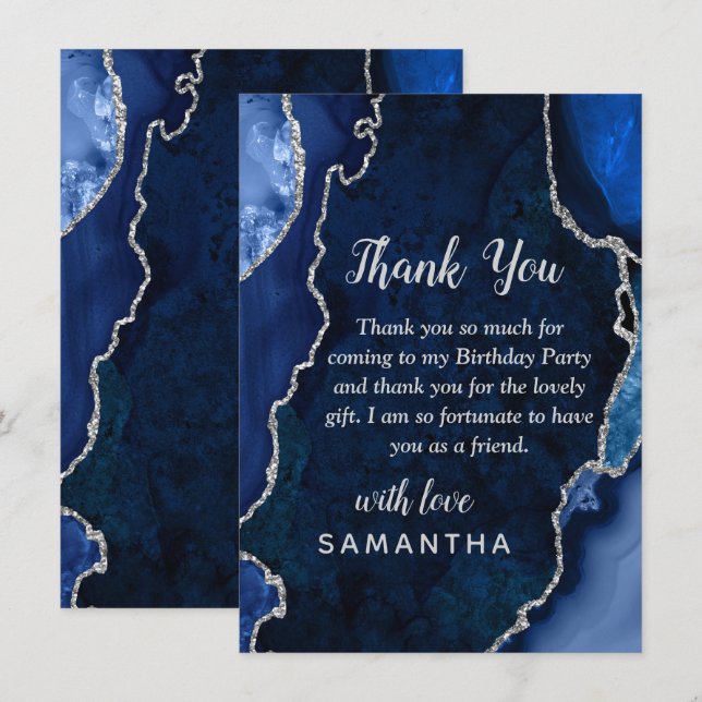 Carte De Remerciements Navy Blue and Silver Agate Birthday Party (Devant / Derrière)