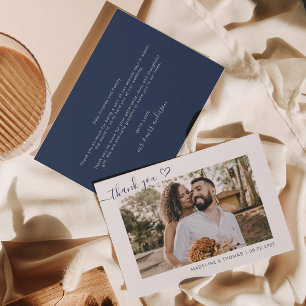 Carte De Remerciements Navy Blue Boho Simple Photo Heart Script Mariage