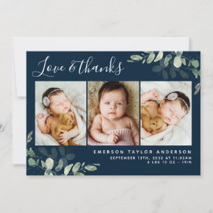 Carte De Remerciements Navy Blue Eucalyptus 3 Photo Bébé statistiques de 