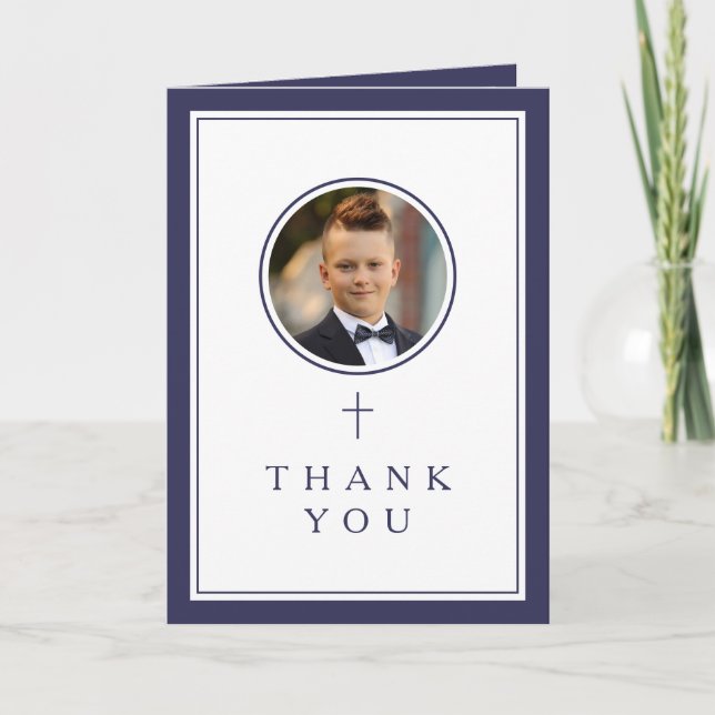 Carte De Remerciements Navy Blue Photo Boy First Communion (Devant)
