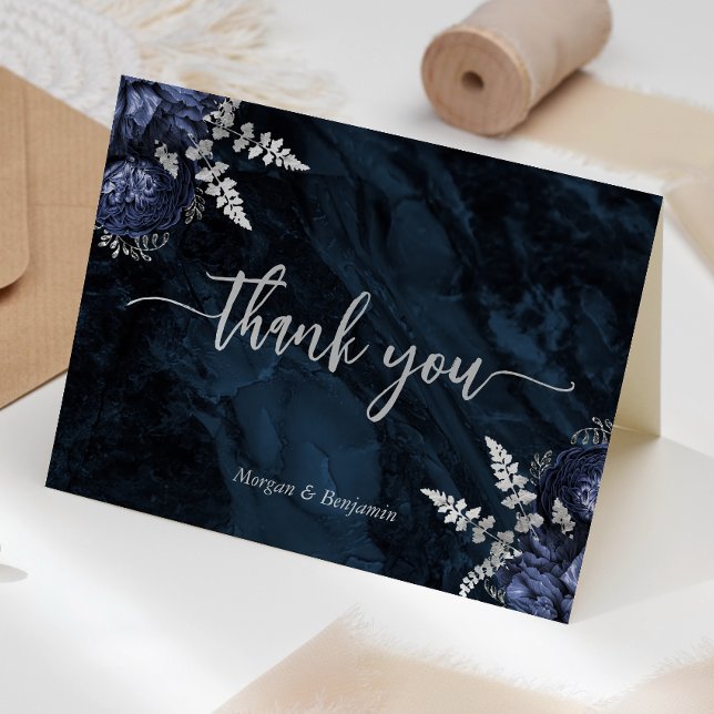 Carte De Remerciements Navy Blue Silver Floral Script Wedding (Créateur téléchargé)
