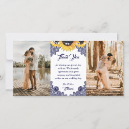 Carte De Remerciements Navy Blue Sunflower Floral Lace Photo Wedding