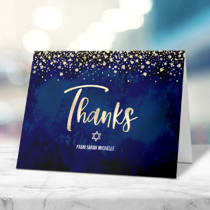 Carte De Remerciements Navy de Bat Mitzvah Doré Pailleté Aluminium Script