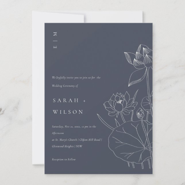 Carte De Remerciements Nénuphar de la marine Floral Sketch Wedding Invita (Devant)