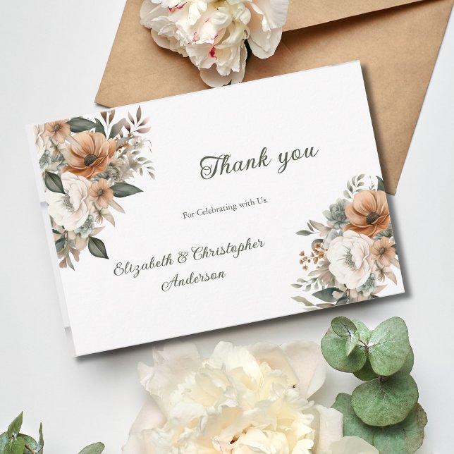 Carte De Remerciements Neutre Floral Botanique Beige Mariage de verdure (Neutral Flowers Floral Botanical Greenery Wedding Thank you card)