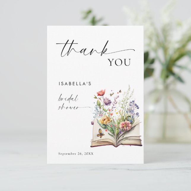 Carte De Remerciements New Chapter Begins Floral Book Bridal Shower (Debout devant)