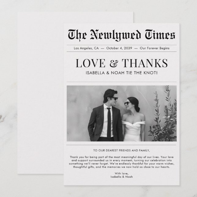 Carte De Remerciements Newspaper Style Newlywed Wedding Thank You (Devant / Derrière)