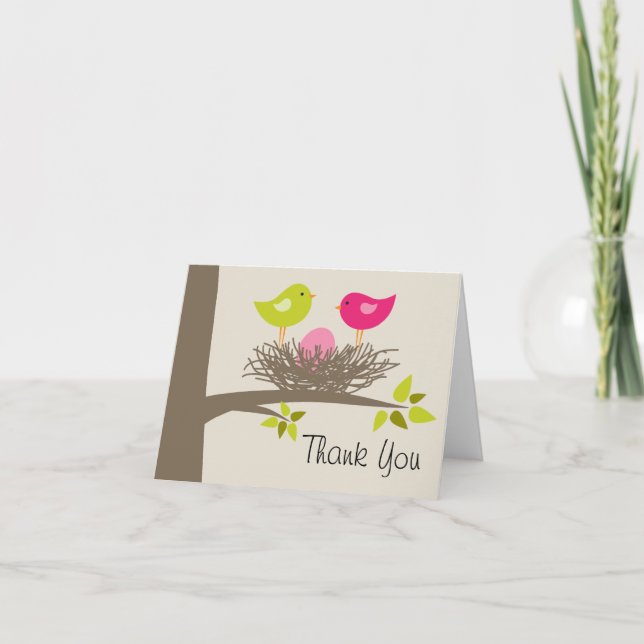 Carte De Remerciements Nid d'oiseau pour bébé fille pour douche (Devant)