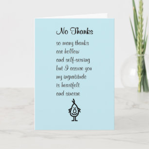 Carte De Remerciements No Thanks - un drôle de poème de remerciement