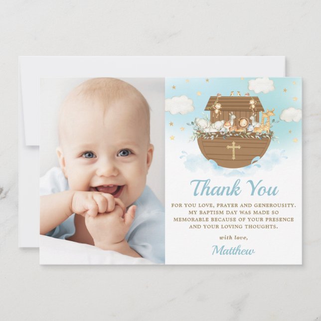 Carte De Remerciements Noah's Ark Animals Boy Baptism Christening Photo (Devant)
