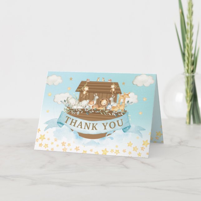 Carte De Remerciements Noah's Ark Cute Animals Blue Boy Baby shower (Devant)
