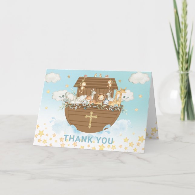 Carte De Remerciements Noah's Ark Cute Animaux Garçon Baptême Christening (Devant)