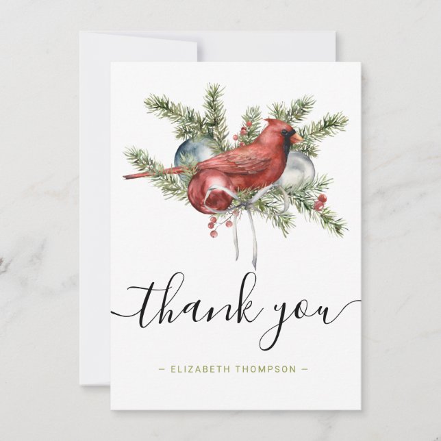 Carte De Remerciements Noël Cardinal Rouge Aquarelle Nom personnalisé (Devant)