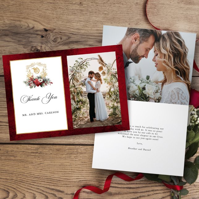 Carte De Remerciements Noël Floral Crest Monogramme Photo Mariage (Créateur téléchargé)