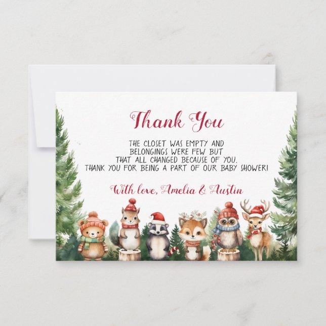 Carte De Remerciements Noël Hiver Bois Animaux (Devant)