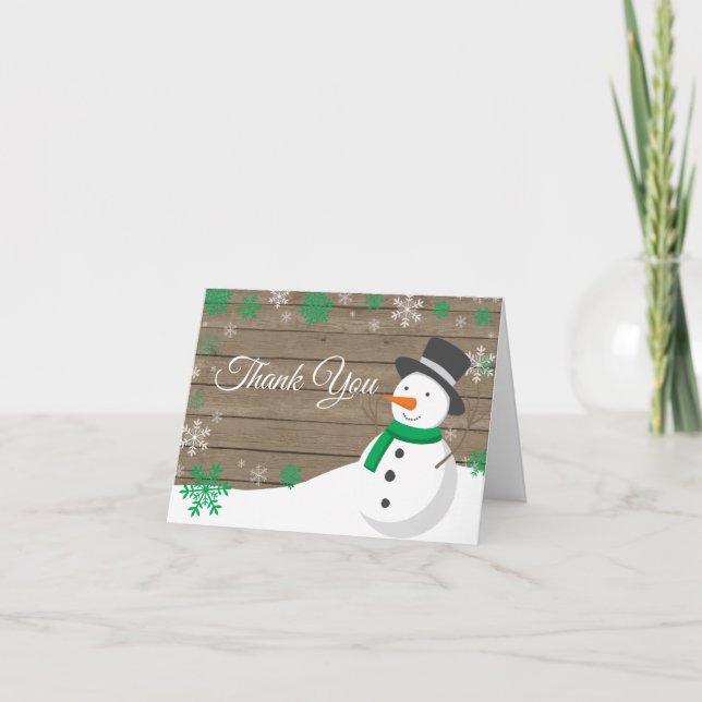 Carte De Remerciements Noël hivernal rustique Bonhomme de neige vert (Devant)