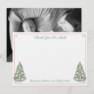 Carte De Remerciements Noël rose et vert Preppy Nouvelle Photo Bébé