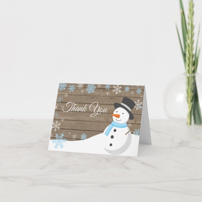 Carte De Remerciements Noël rustique d'hiver Bonhomme de neige Bleu (Devant)