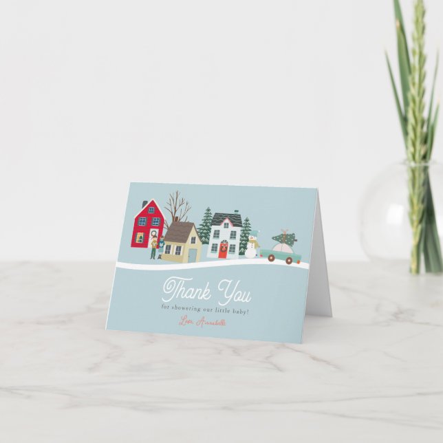 Carte De Remerciements Noël Ville/Village Baby shower bleu (Devant)
