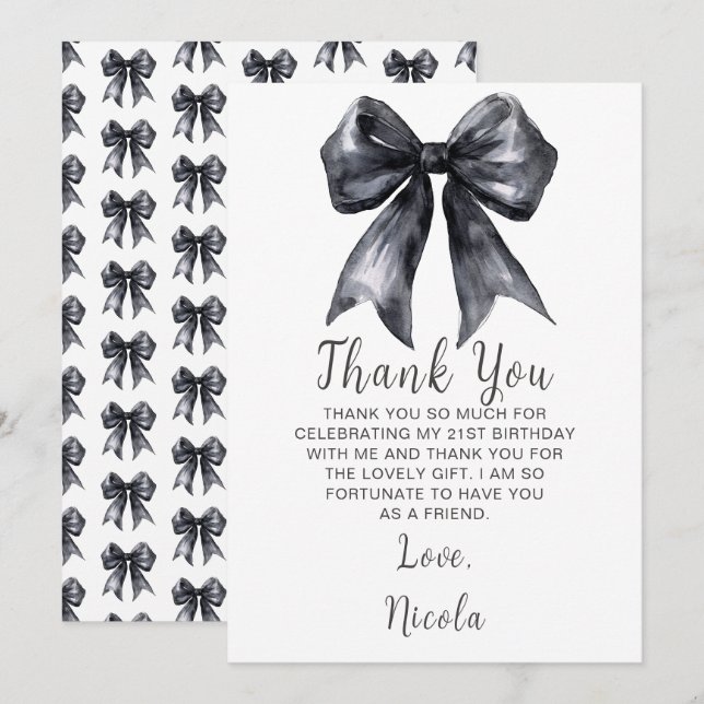 Carte De Remerciements Noeud Papillon Coquette Noir Fête d'Anniversaire (Devant / Derrière)