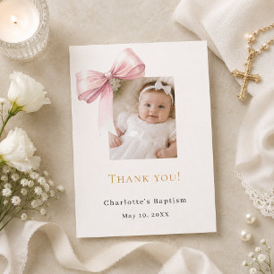 Carte De Remerciements Nœud rose baptême photo crème fille