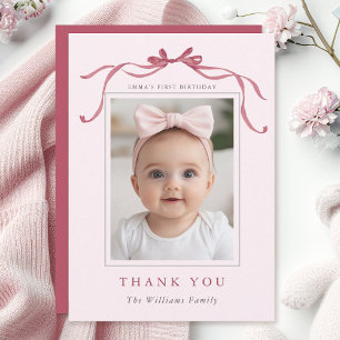 Carte De Remerciements Nœud rouge rose fardé Photo d'anniversaire minimal