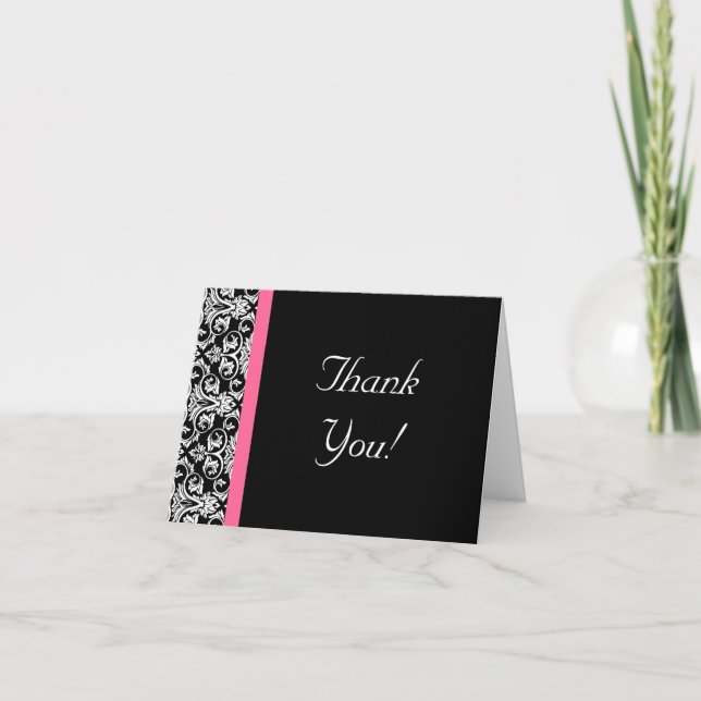 Carte De Remerciements Noir avec damas rose passion (Devant)
