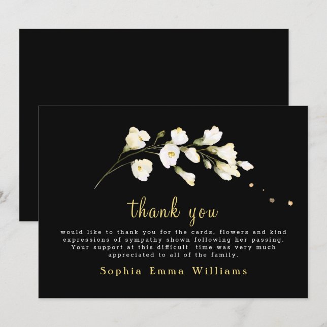 Carte De Remerciements Noir avec fleurs blanches Floral (Devant / Derrière)
