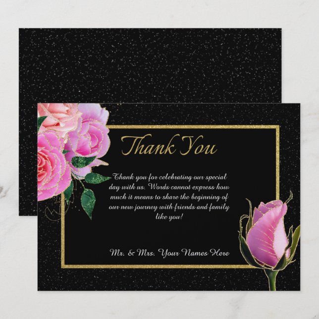 Carte De Remerciements Noir avec Parties scintillant noire et roses roses (Devant / Derrière)