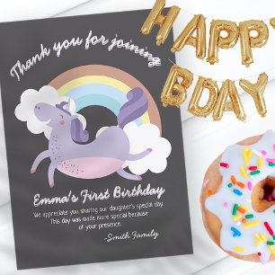 Carte De Remerciements Noir avec Rainbow Unicorn   Anniversaire