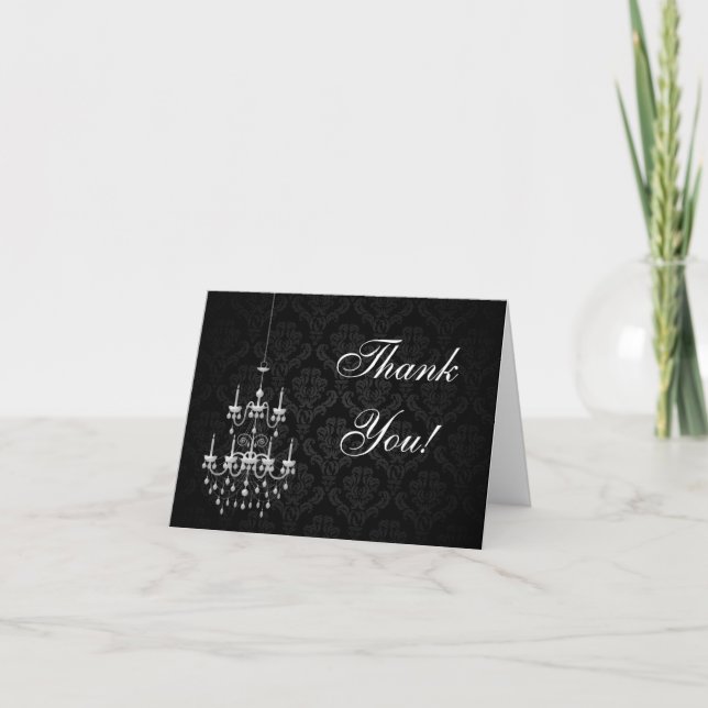 Carte De Remerciements Noir avec Silhouette de lustre blanc (Devant)