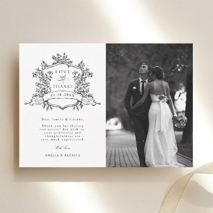 Carte De Remerciements Noir & blanc classique Cimier Floral Photo Mariage