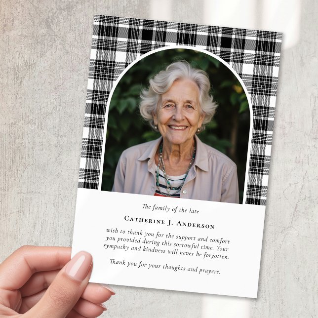 Carte De Remerciements Noir blanc Plaid Sympathy Photo Funérailles (Créateur téléchargé)