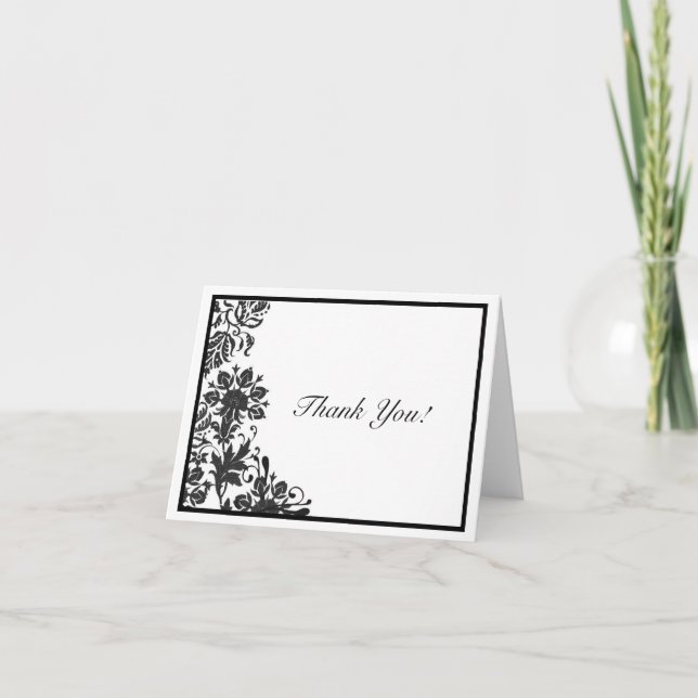Carte De Remerciements Noir et blanc floral damassé sur mesure (Devant)