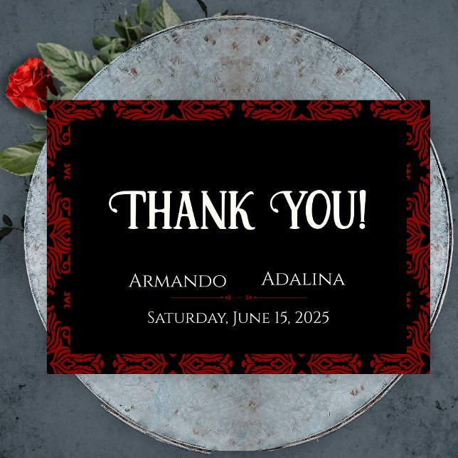 Carte De Remerciements Noir et rouge Floral Gothique foncé Élégant mariag (Black and Red Floral Gothic Dark Elegant Wedding Thank You Card)