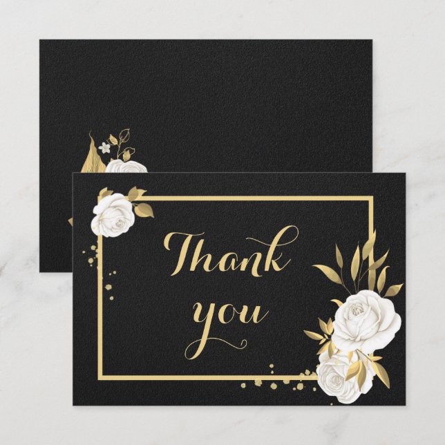 carte de remerciements noir floral or blanc (Devant / Derrière)
