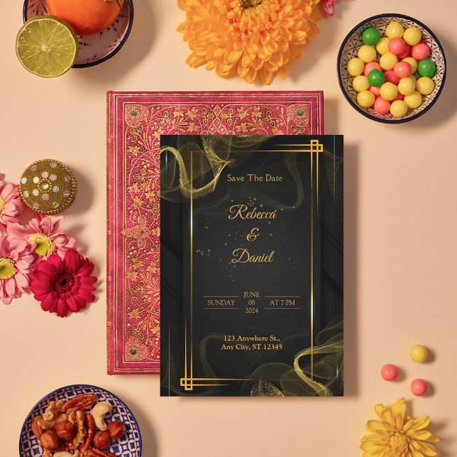 Carte De Remerciements Noir & Or Moderne Mariage Élégant Enregistrer La D (Modern Black and Gold wedding Save the dates)