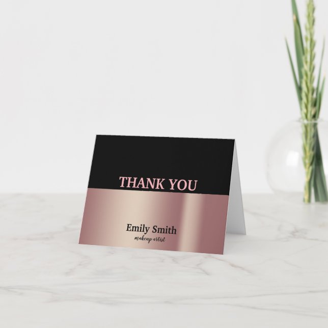 Carte De Remerciements Noir & Rose Gold Artiste maquillage moderne (Devant)
