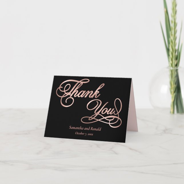 Carte De Remerciements Noir Rose Gold Calligraphie Formelle (Devant)