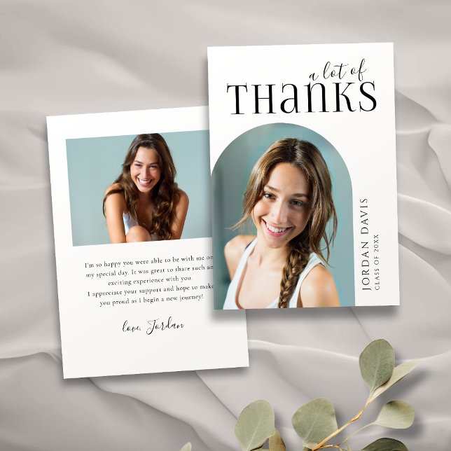 Carte De Remerciements Noir Simple Arc Moderne 2 Diplôme Photo (Black Simple Modern Arch 2 Photo Graduation Thank You Card)