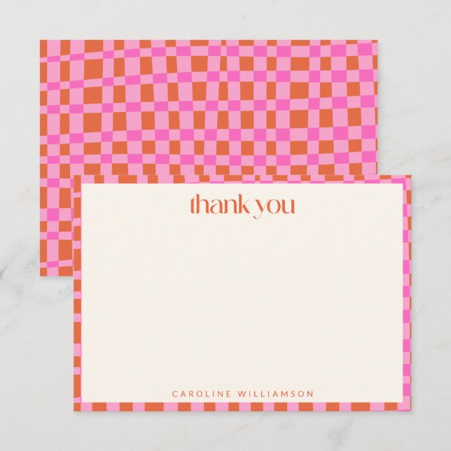 Carte De Remerciements Nom personnalisé Abstrait Pink Orange Checkerboard (Devant / Derrière)